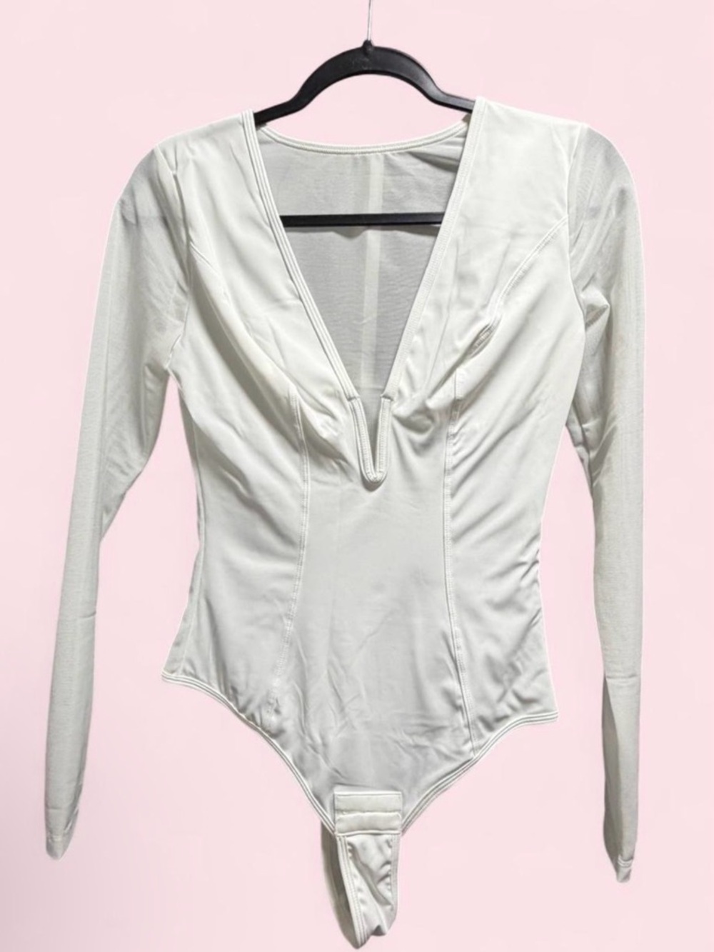 Deep V-Neck Long Sleeve White Bodysuit
